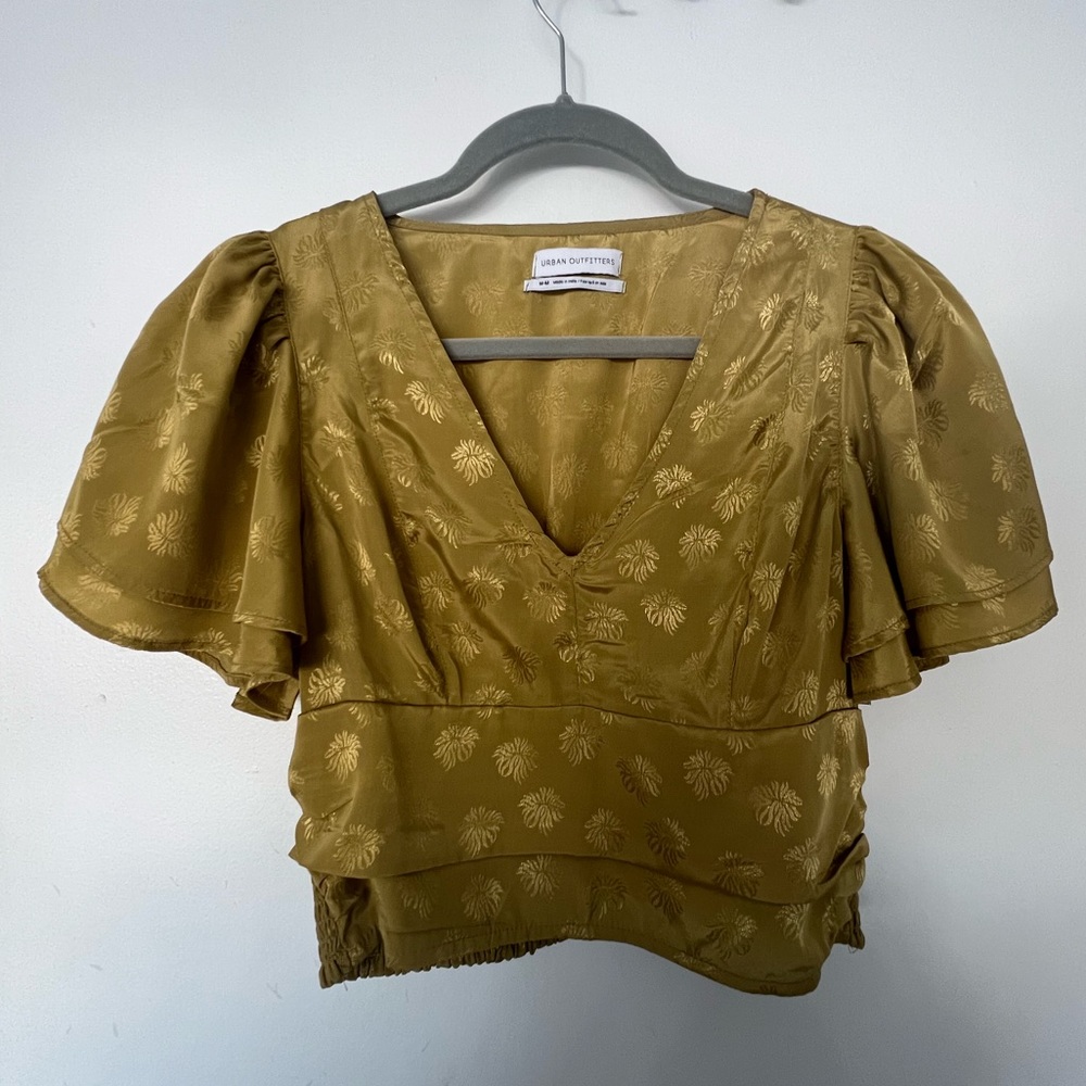 Urban Outfitters Jacquard Flutter Sleeve Crop Top in Green